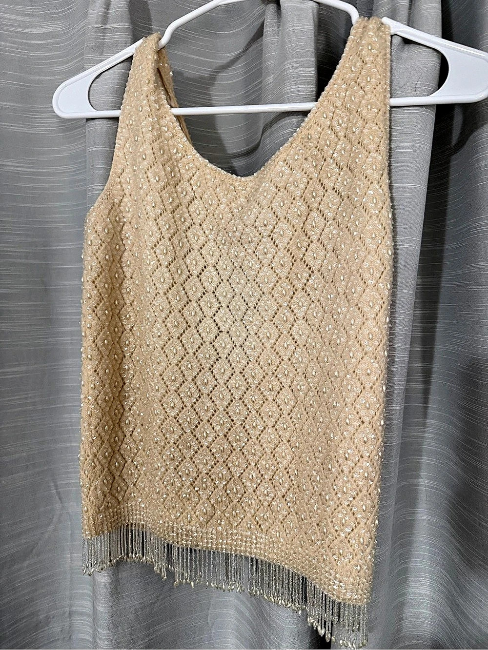 Vintage Beaded Fringe Tank Top in Beige
